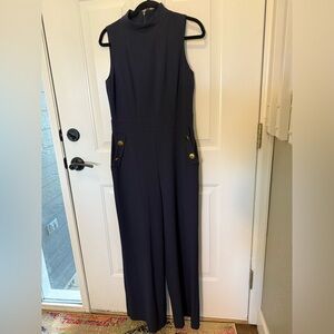 Harper Navy Jumpsuit with Gold Button Pocket Accents